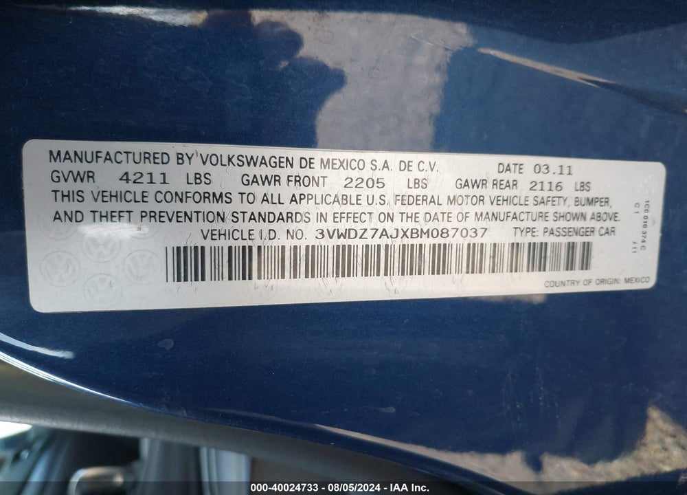 2011 VOLKSWAGEN JETTA 2.5L SE VIN: 3VWDZ7AJXBM087037