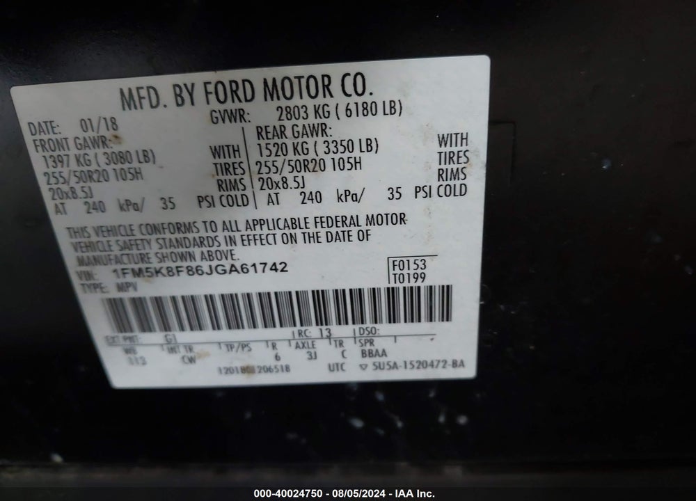 2018 FORD EXPLORER LIMITED VIN: 1FM5K8F86JGA61742