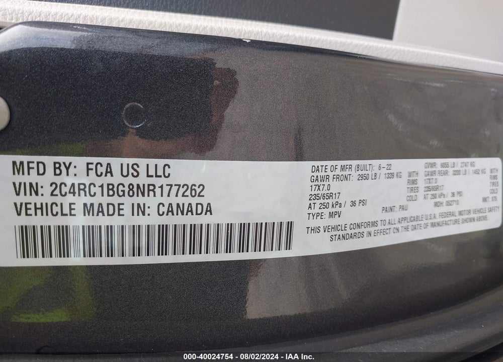 2022 CHRYSLER PACIFICA TOURING L VIN: 2C4RC1BG8NR177262
