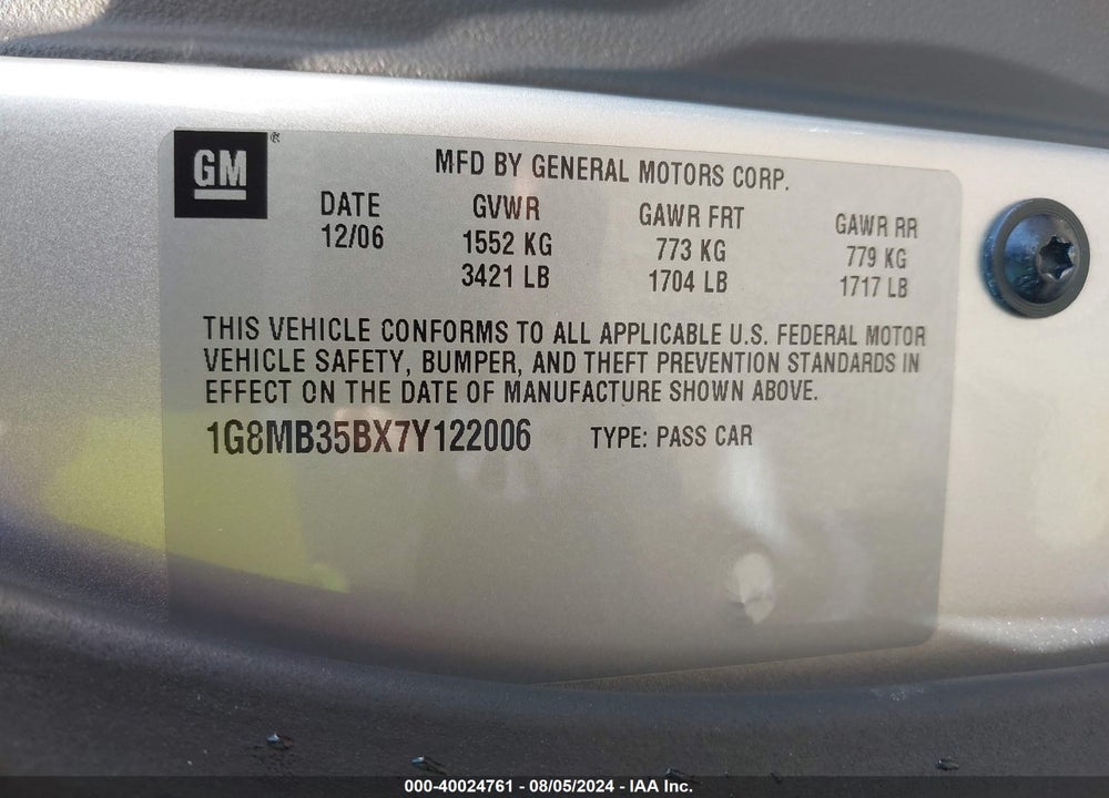 2007 SATURN SKY VIN: 1G8MB35BX7Y122006