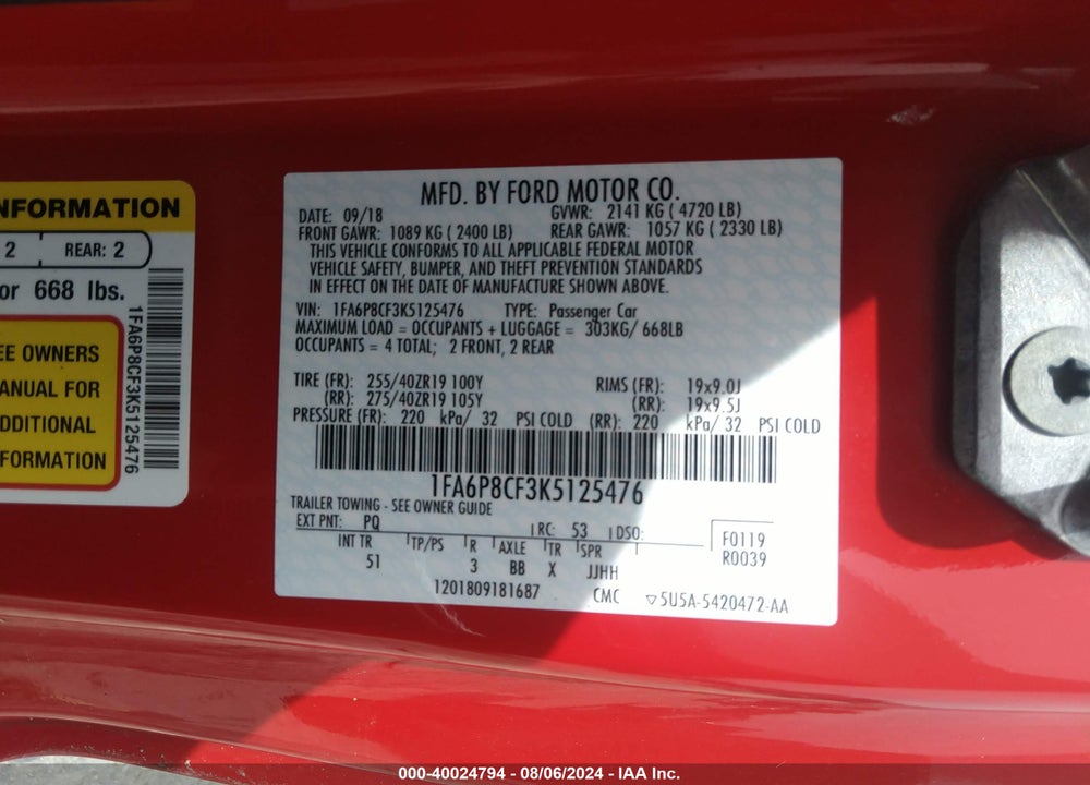 2019 FORD MUSTANG GT PREMIUM VIN: 1FA6P8CF3K5125476