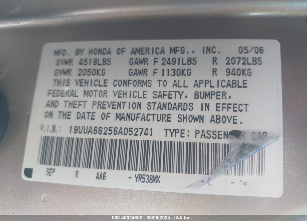 2006 ACURA TL VIN: 19UUA66256A052741