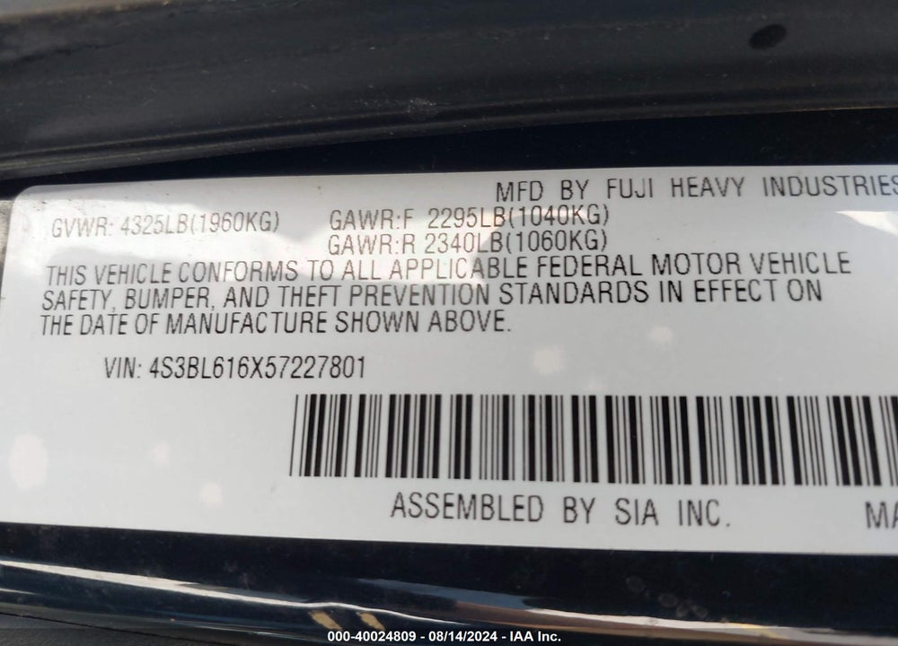 2005 SUBARU LEGACY 2.5I VIN: 4S3BL616X57227801