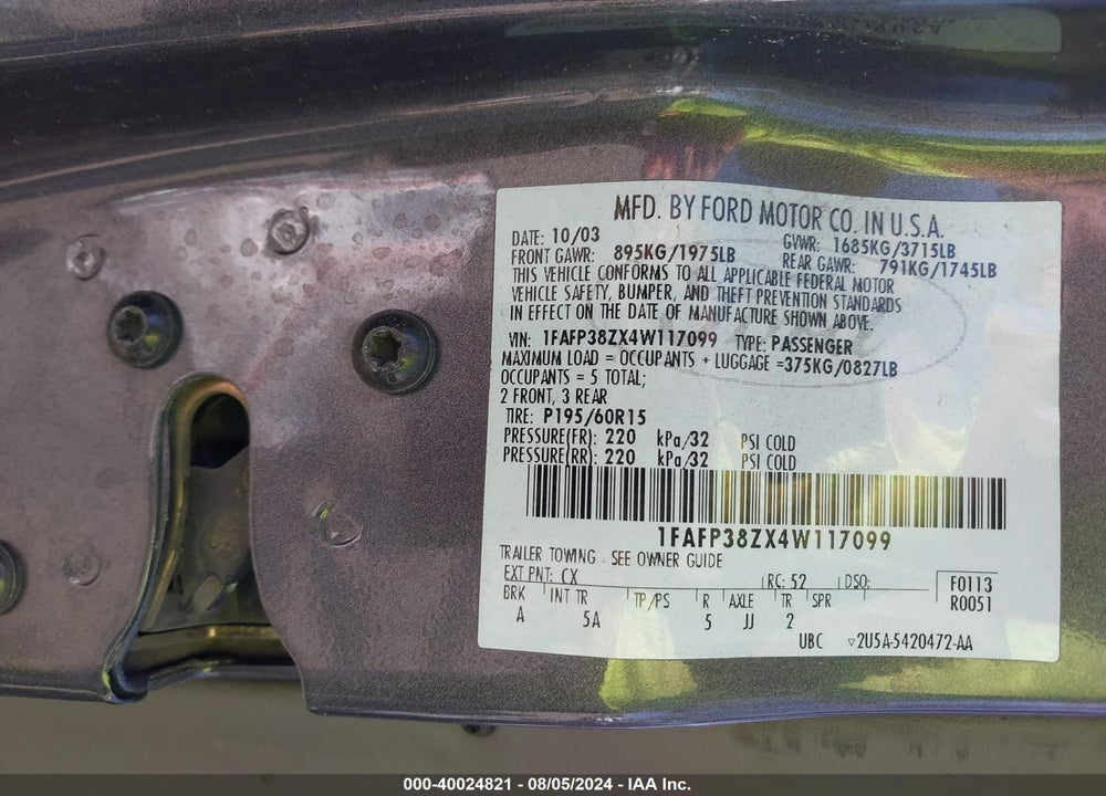 2004 FORD FOCUS ZTS VIN: 1FAFP38ZX4W117099