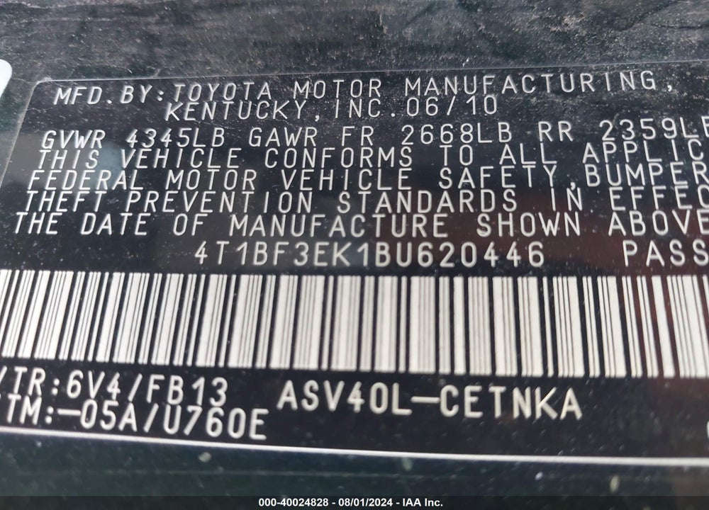 2011 TOYOTA CAMRY LE VIN: 4T1BF3EK1BU620446