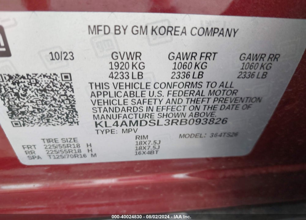 2024 BUICK ENCORE GX SPORT TOURING FWD VIN: KL4AMDSL3RB093826