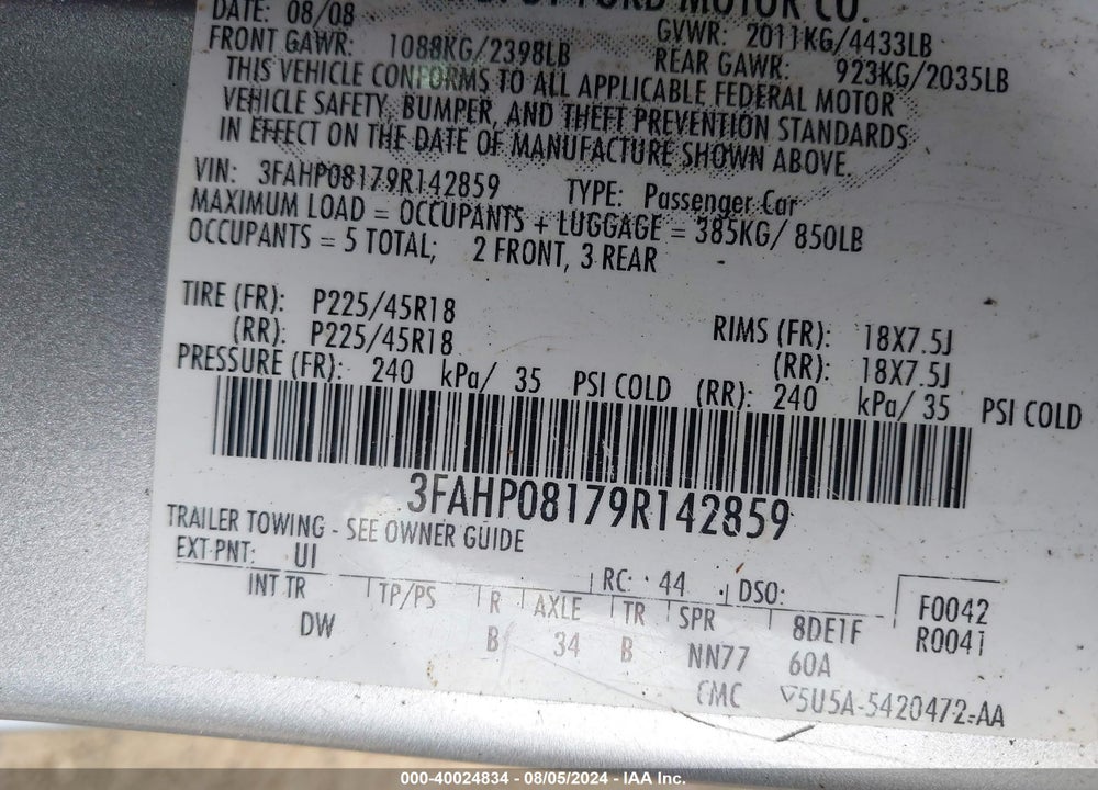 2009 FORD FUSION SEL VIN: 3FAHP08179R142859