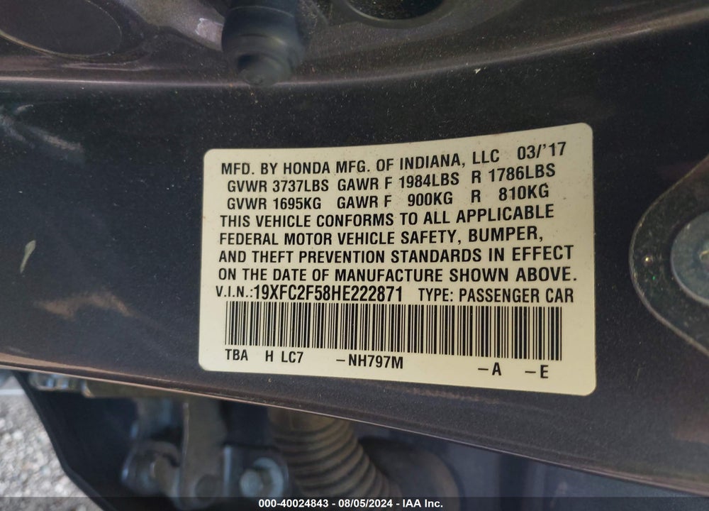 2017 HONDA CIVIC LX VIN: 19XFC2F58HE222871