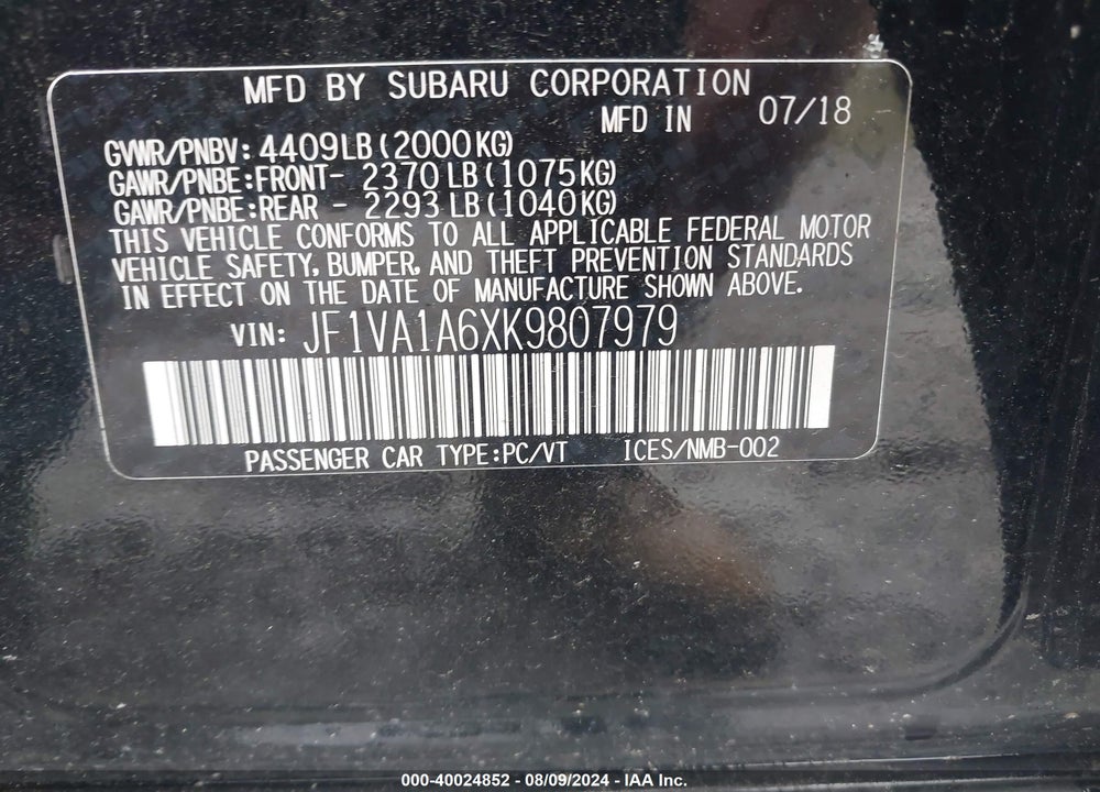 2019 SUBARU WRX VIN: JF1VA1A6XK9807979