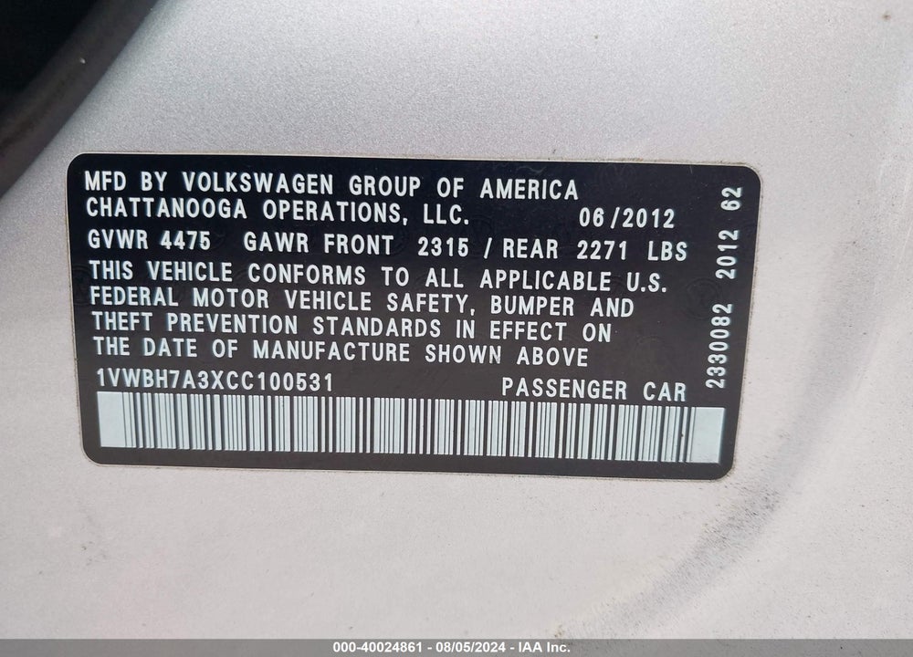 2012 VOLKSWAGEN PASSAT 2.5L SE VIN: 1VWBH7A3XCC100531