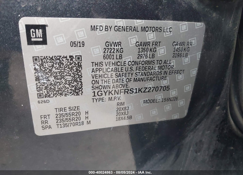 2019 CADILLAC XT5 PREMIUM LUXURY VIN: 1GYKNFRS1KZ270705