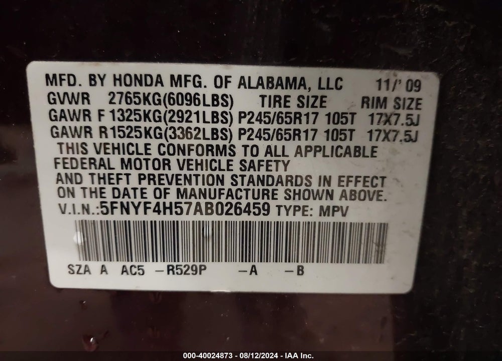 2010 HONDA PILOT EX-L VIN: 5FNYF4H57AB026459