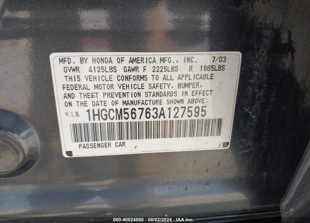 2003 HONDA ACCORD 2.4 EX VIN: 1HGCM56763A127595