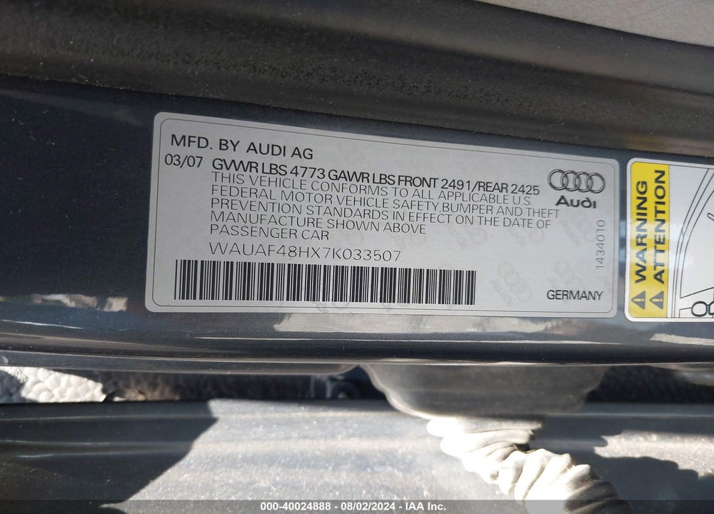 2007 AUDI A4 2.0T VIN: WAUAF48HX7K033507