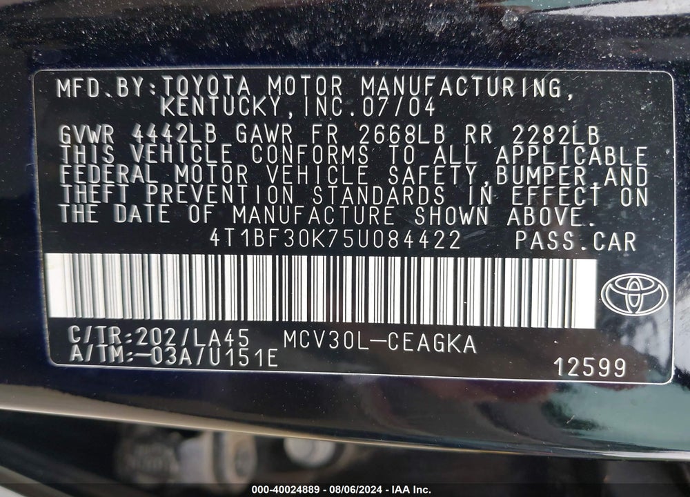 2005 TOYOTA CAMRY XLE V6 VIN: 4T1BF30K75U084422