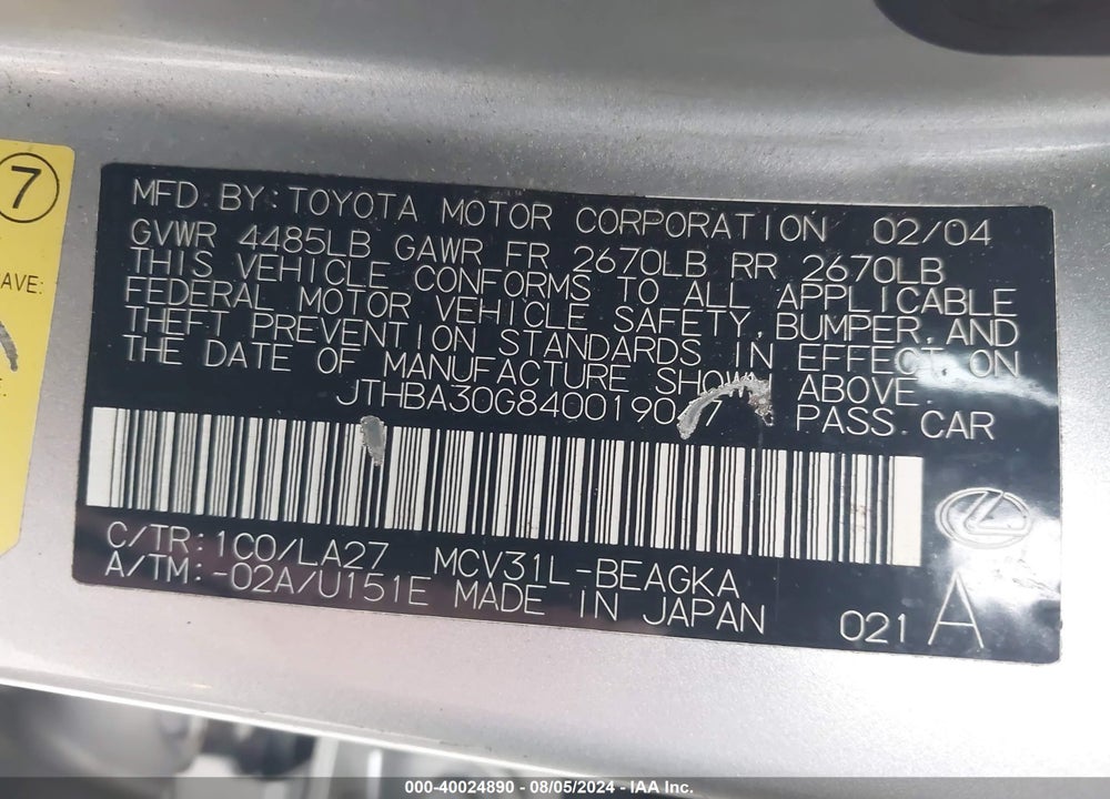 2004 LEXUS ES 330 VIN: JTHBA30G840019047