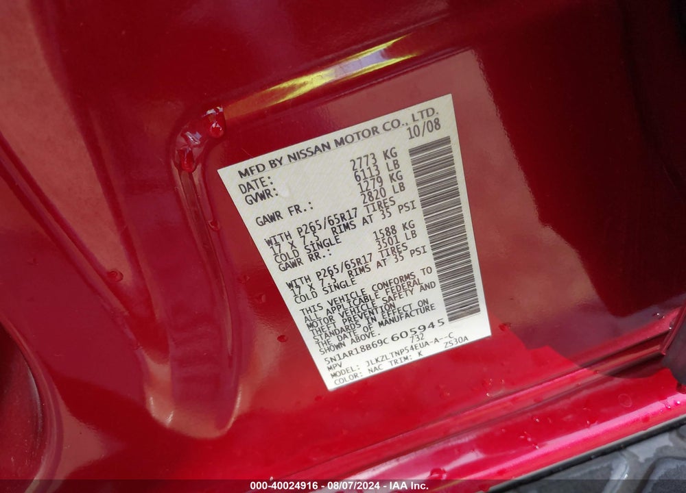 2009 NISSAN PATHFINDER SE VIN: 5N1AR18B69C605945