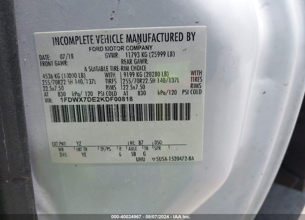 2019 FORD F-750 DIESEL VIN: 1FDWX7DE2KDF00818