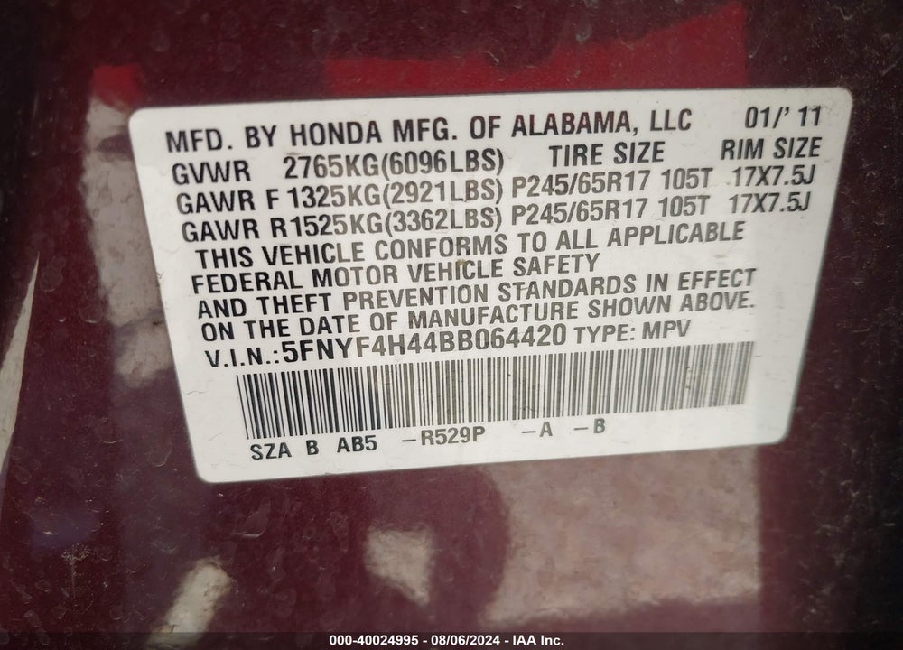 2011 HONDA PILOT EX VIN: 5FNYF4H44BB064420