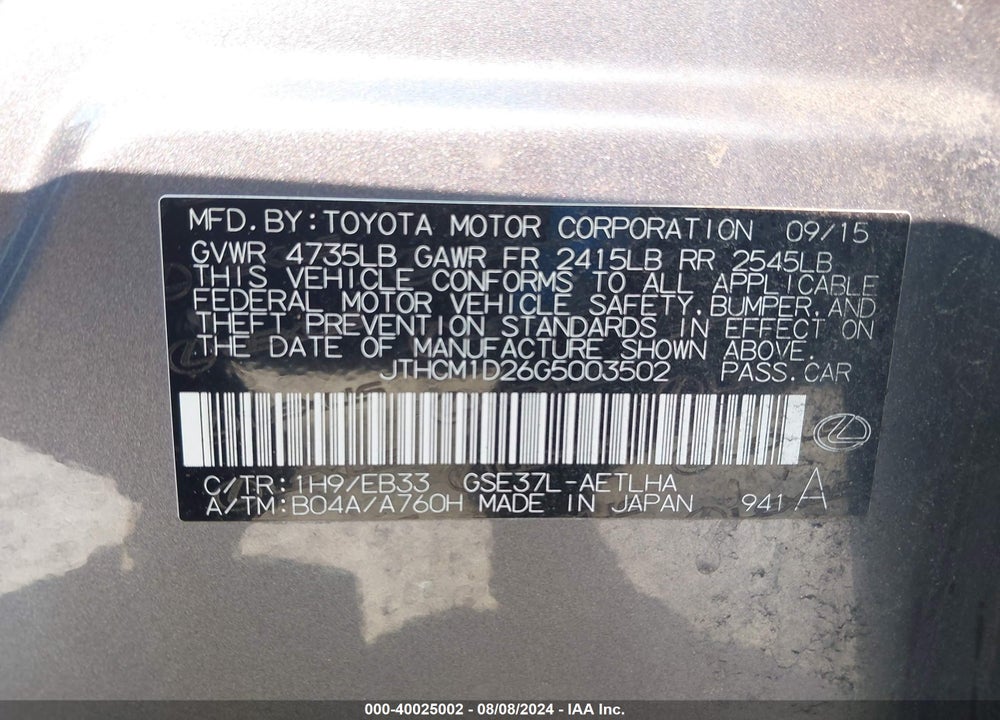 2016 LEXUS IS 300 VIN: JTHCM1D26G5003502