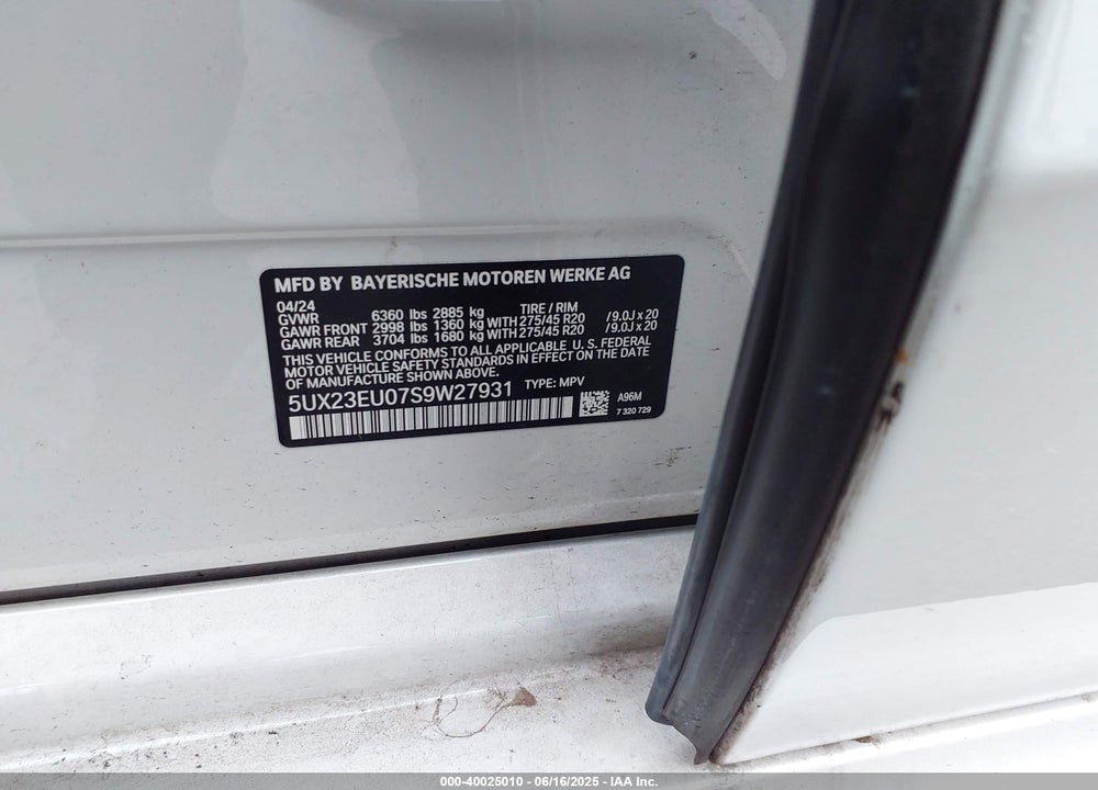 2025 BMW X5 XDRIVE40I VIN: 5UX23EU07S9W27931