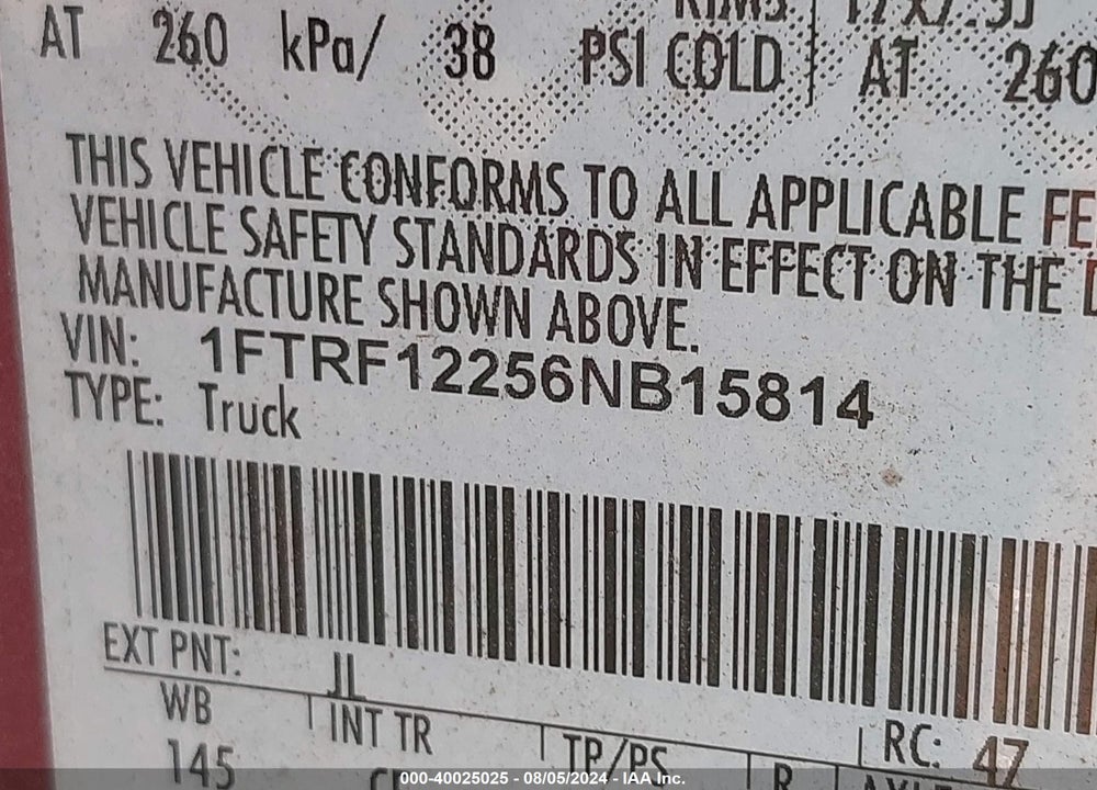 2006 FORD F-150 STX/XL/XLT VIN: 1FTRF12256NB15814