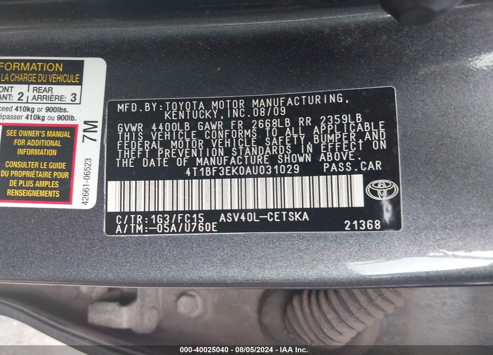 2010 TOYOTA CAMRY SE VIN: 4T1BF3EK0AU031029