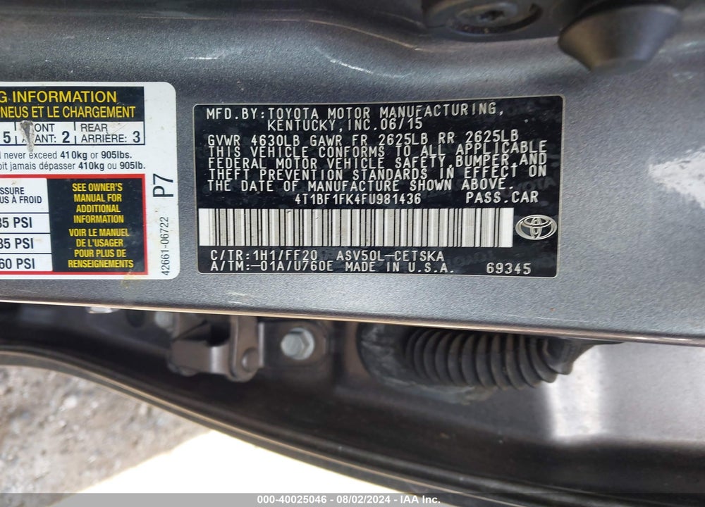 2015 TOYOTA CAMRY SE VIN: 4T1BF1FK4FU981436