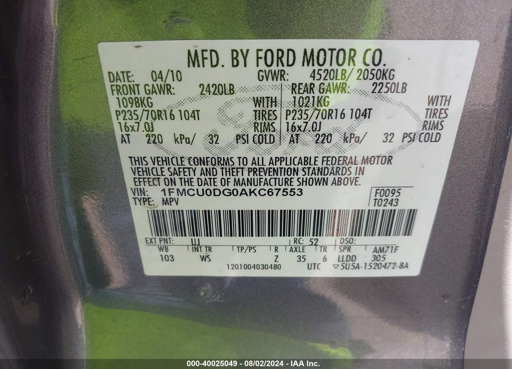 2010 FORD ESCAPE XLT VIN: 1FMCU0DG0AKC67553