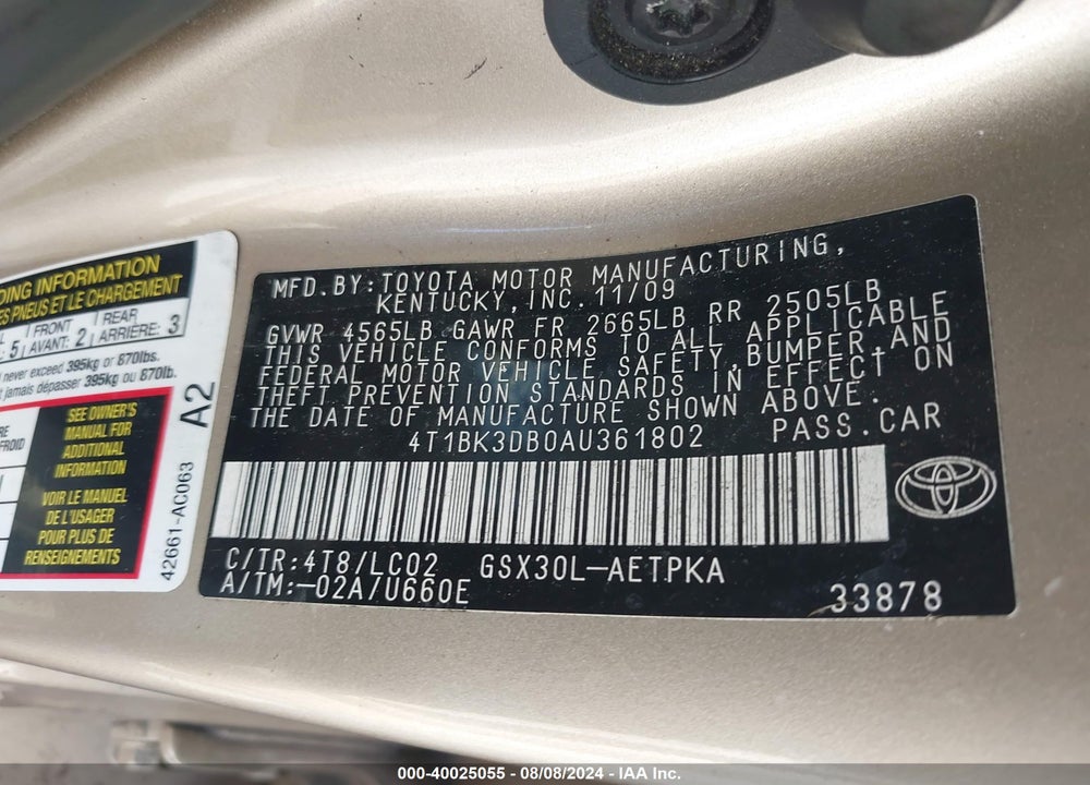 2010 TOYOTA AVALON LIMITED VIN: 4T1BK3DB0AU361802