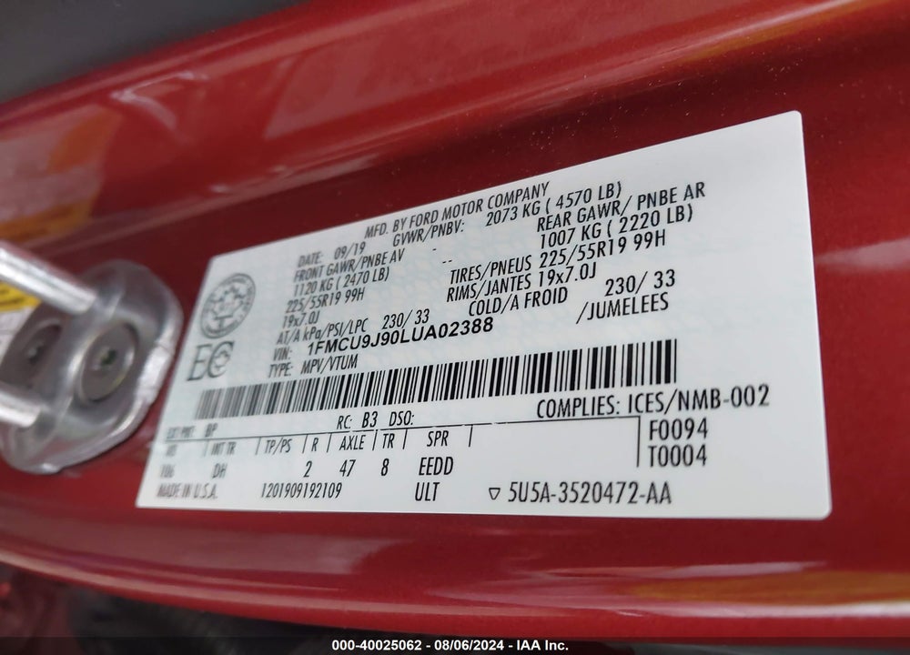2020 FORD ESCAPE TITANIUM VIN: 1FMCU9J90LUA02388