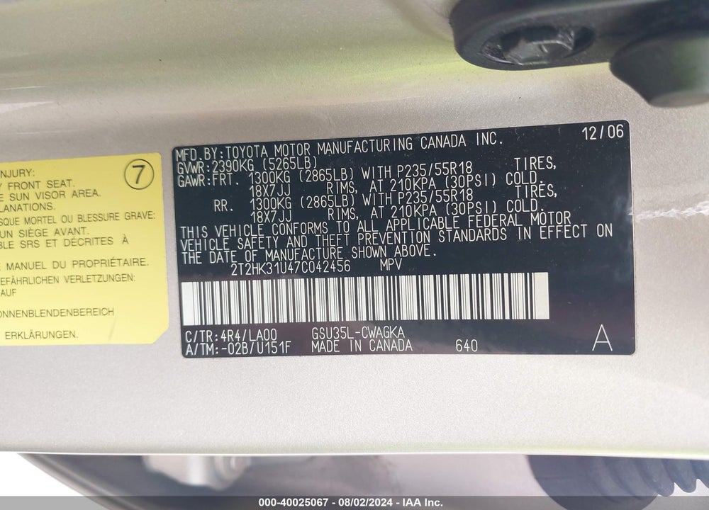 2007 LEXUS RX 350 VIN: 2T2HK31U47C042456