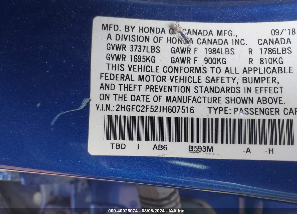 2018 HONDA CIVIC LX VIN: 2HGFC2F52JH607516