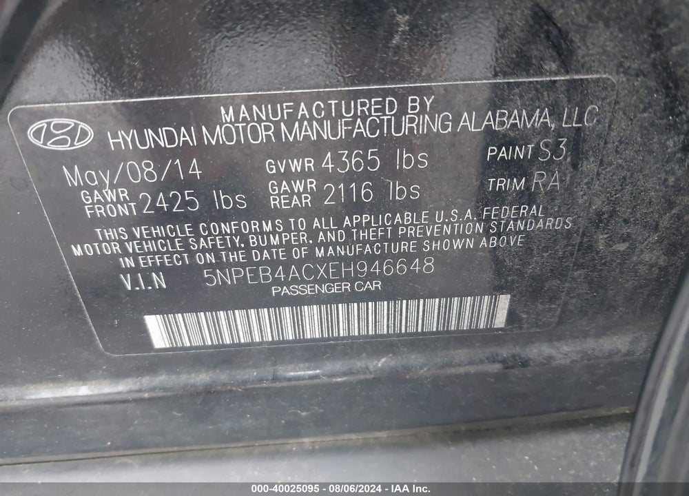 2014 HYUNDAI SONATA GLS VIN: 5NPEB4ACXEH946648