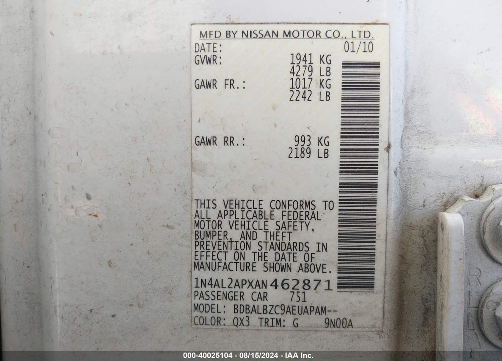 2010 NISSAN ALTIMA 2.5 S VIN: 1N4AL2APXAN462871