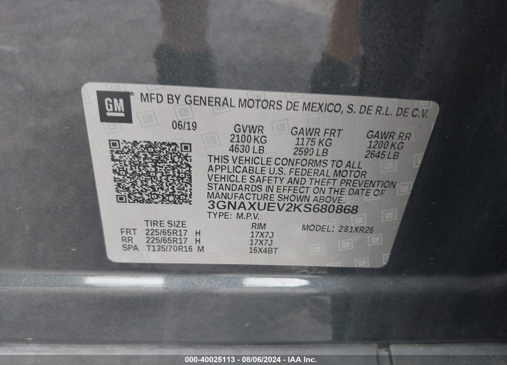 2019 CHEVROLET EQUINOX LT VIN: 3GNAXUEV2KS680868