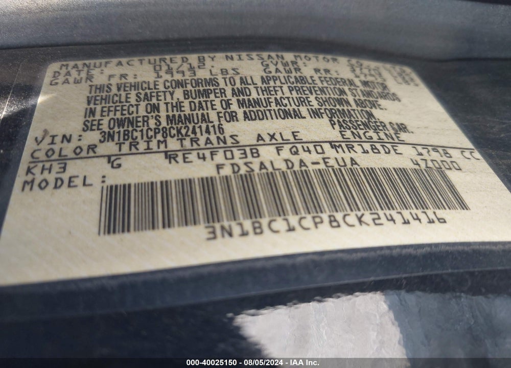 2012 NISSAN VERSA 1.8 S VIN: 3N1BC1CP8CK241416