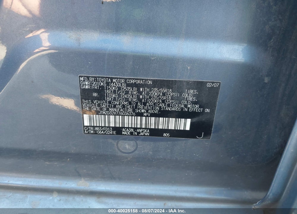 2007 TOYOTA RAV4 VIN: JTMZD32V776036376
