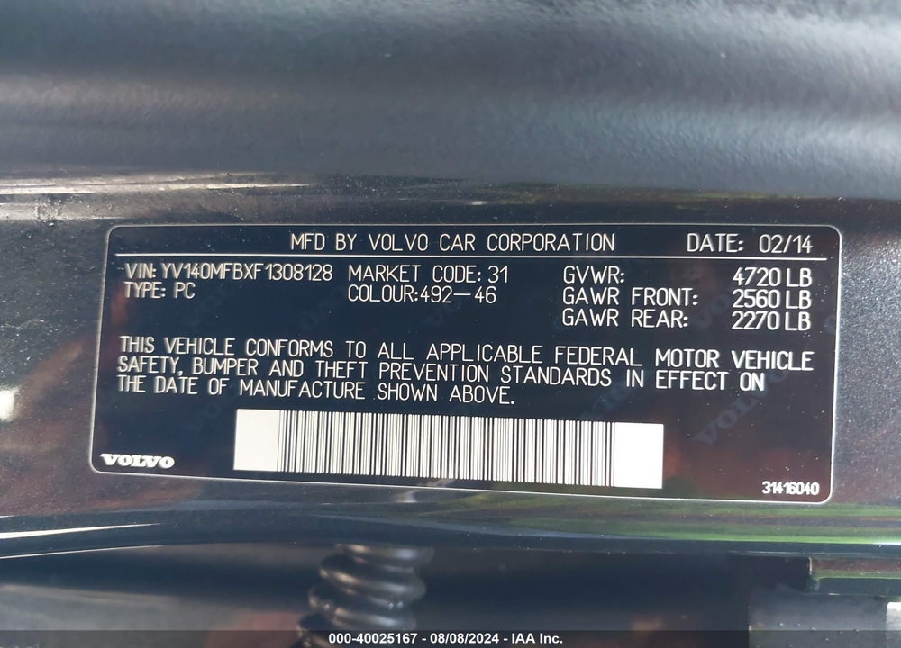 2015 VOLVO S60 T5 PREMIER VIN: YV140MFBXF1308128