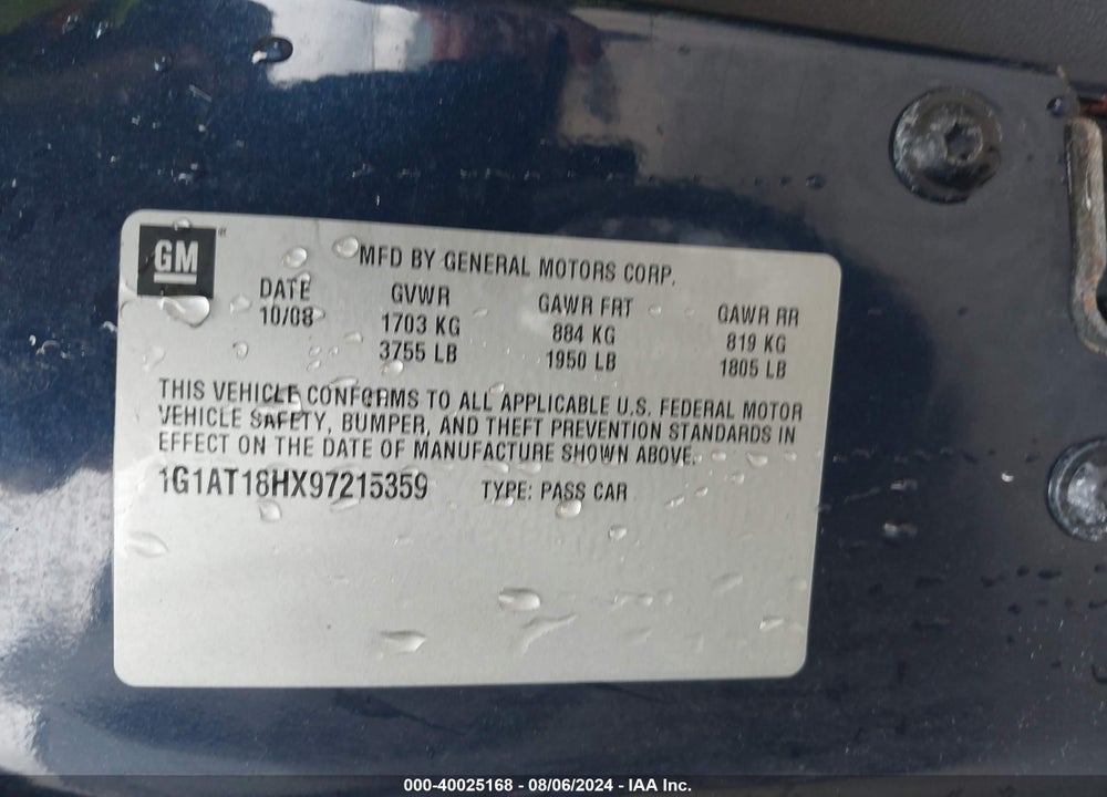 2009 CHEVROLET COBALT LT VIN: 1G1AT18HX97215359