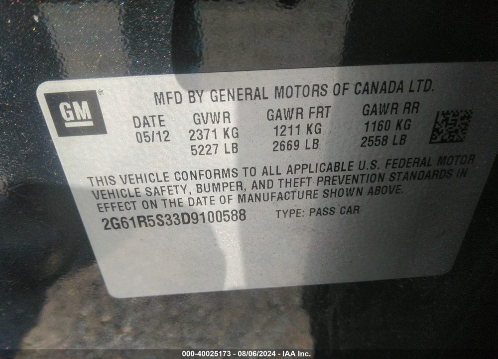 2013 CADILLAC XTS LUXURY VIN: 2G61R5S33D9100588