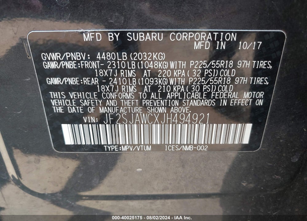 2018 SUBARU FORESTER 2.5I TOURING VIN: JF2SJAWCXJH494921
