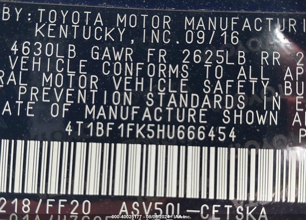 2017 TOYOTA CAMRY SE VIN: 4T1BF1FK5HU666454