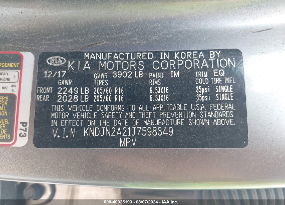 2018 KIA SOUL VIN: KNDJN2A21J7598349