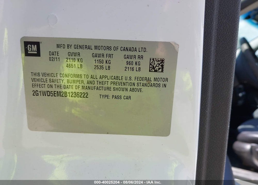 2011 CHEVROLET IMPALA POLICE VIN: 2G1WD5EM2B1236222