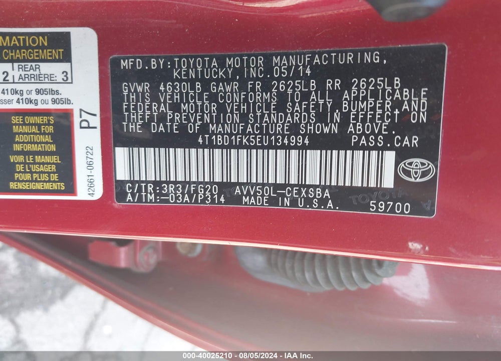 2014 TOYOTA CAMRY HYBRID SE LIMITED EDITION VIN: 4T1BD1FK5EU134994