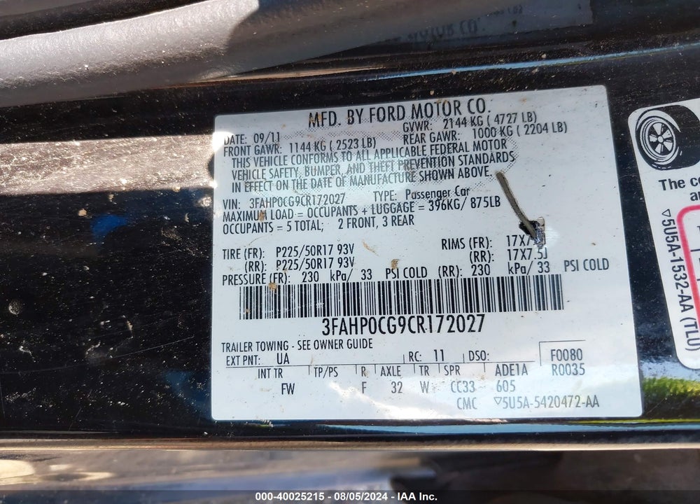 2012 FORD FUSION SEL VIN: 3FAHP0CG9CR172027