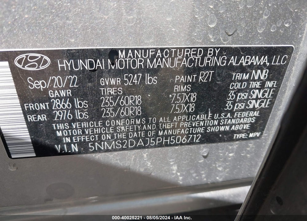 2023 HYUNDAI SANTA FE SEL VIN: 5NMS2DAJ5PH506712