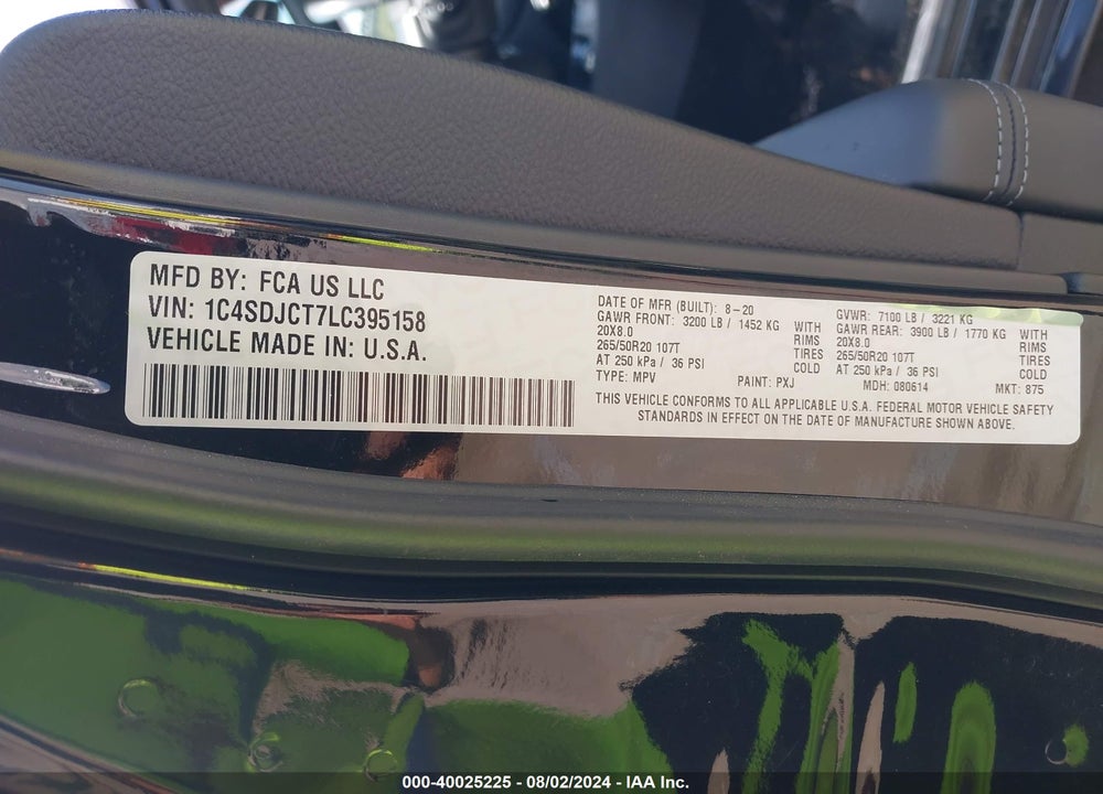 2020 DODGE DURANGO R/T AWD VIN: 1C4SDJCT7LC395158