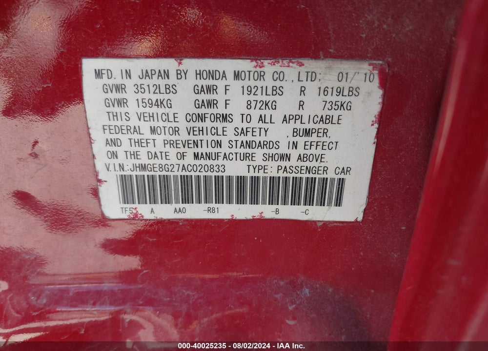 2010 HONDA FIT VIN: JHMGE8G27AC020833